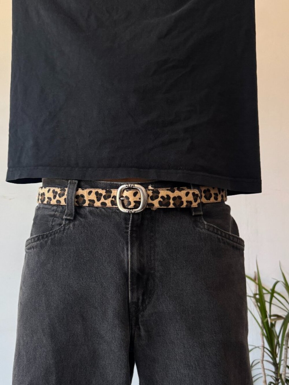 Beige Leopard Hair Silver Oval Buckle Belt